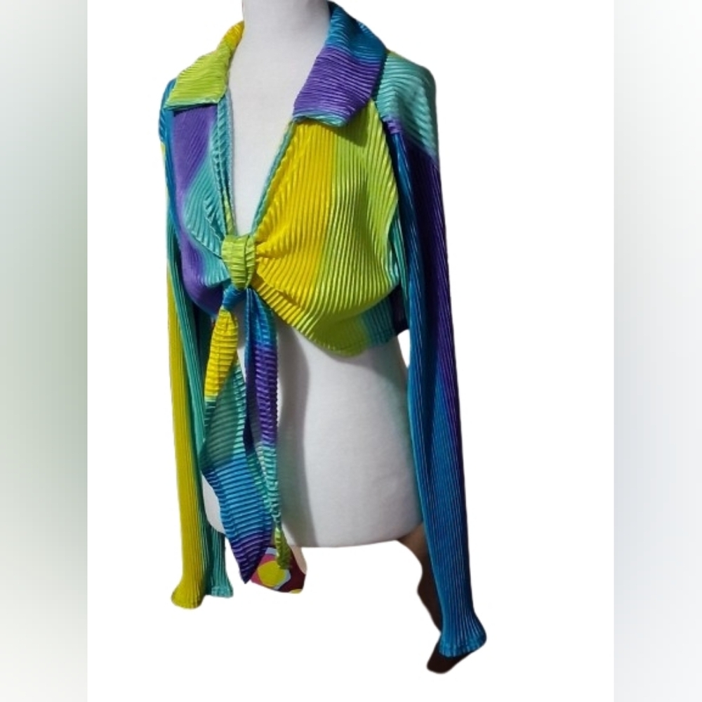 New "NWT" WO WO Y2K Pleated Tie Crop Top Colorful Women's Blouse, XL, See Photos